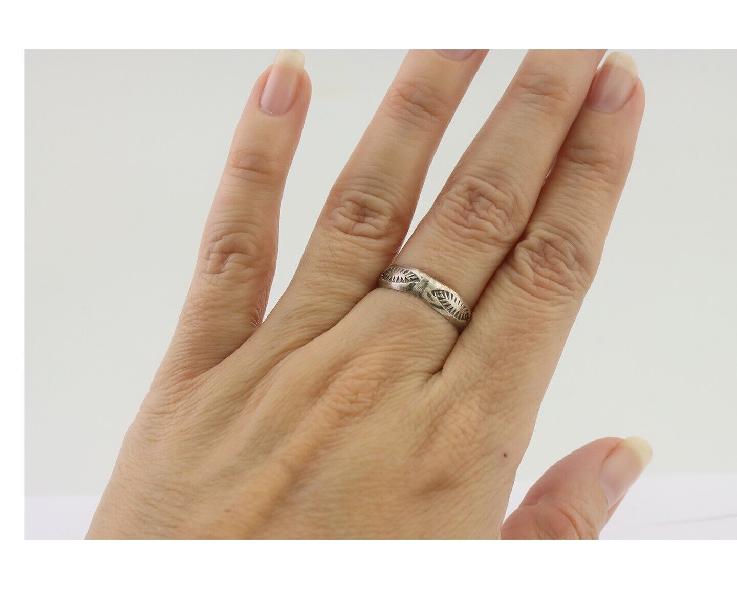 Navajo Hand Stamped Band 925 Silver 5.0 mm Signed Larry Chavez Size 6.0 C.80's