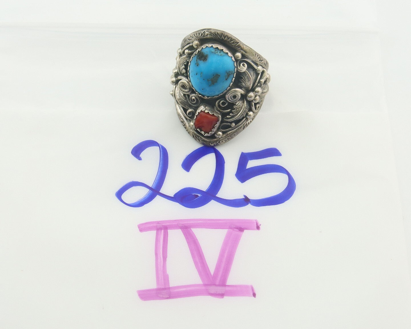 Navajo Ring 925 Sterling Natural Coral & Turquoise Native Artist C.80's Size 9.0