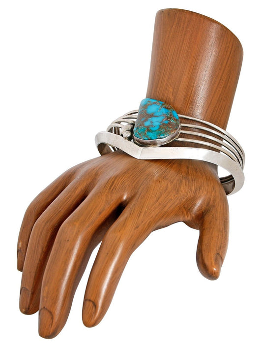 VTG NAVAJO NATIVE AMERICAN NATURAL HAND CUT TURQUOISE HANDMADE .925 SILVER CUFF