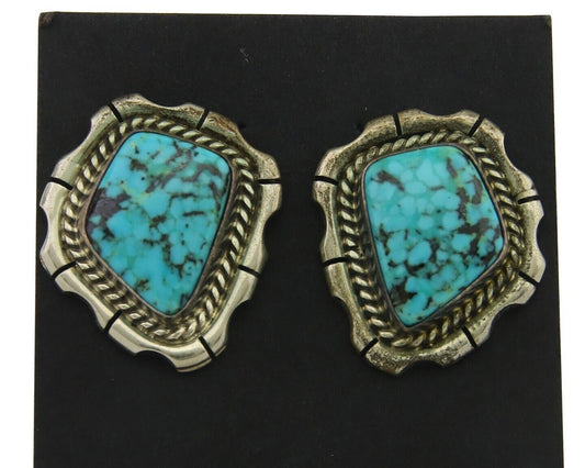 Navajo Earrings 925 Silver Natural Turquoise Artist Signed Sun West C80s