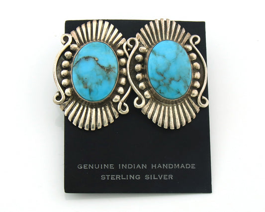 Navajo Earrings Sterling Silver Natural Turquoise Vintage Signed AM