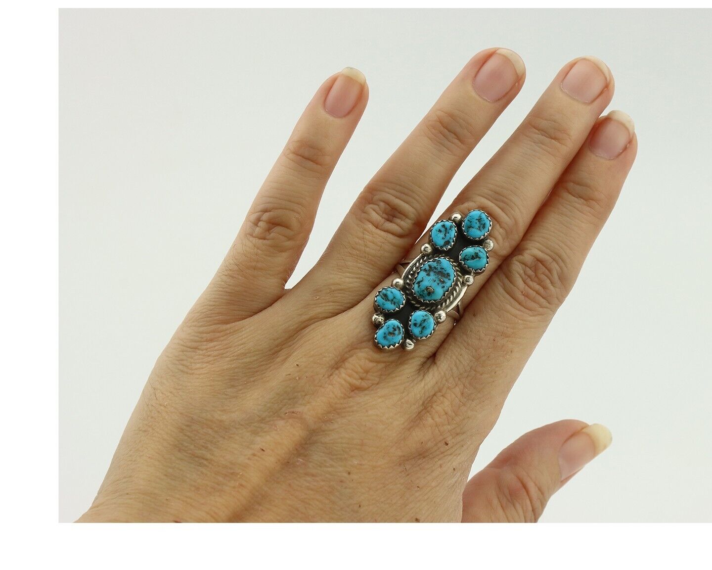 Navajo Ring .925 Silver Blue Morenci Turquoise Artist Signed IHMJ & MT C.80's