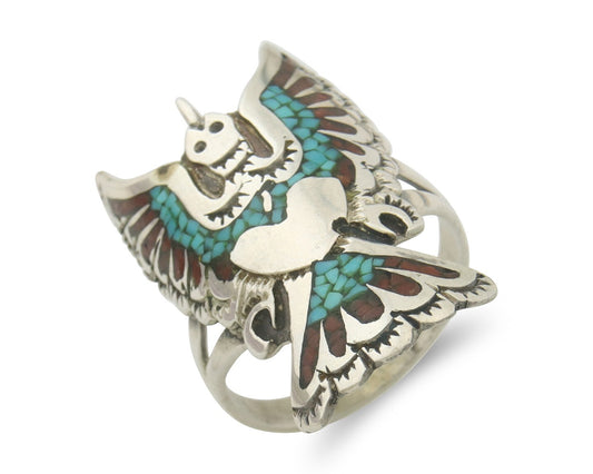 Vintage Navajo Ring 925 Sterling Turquoise & Coral Signed LB Size 9