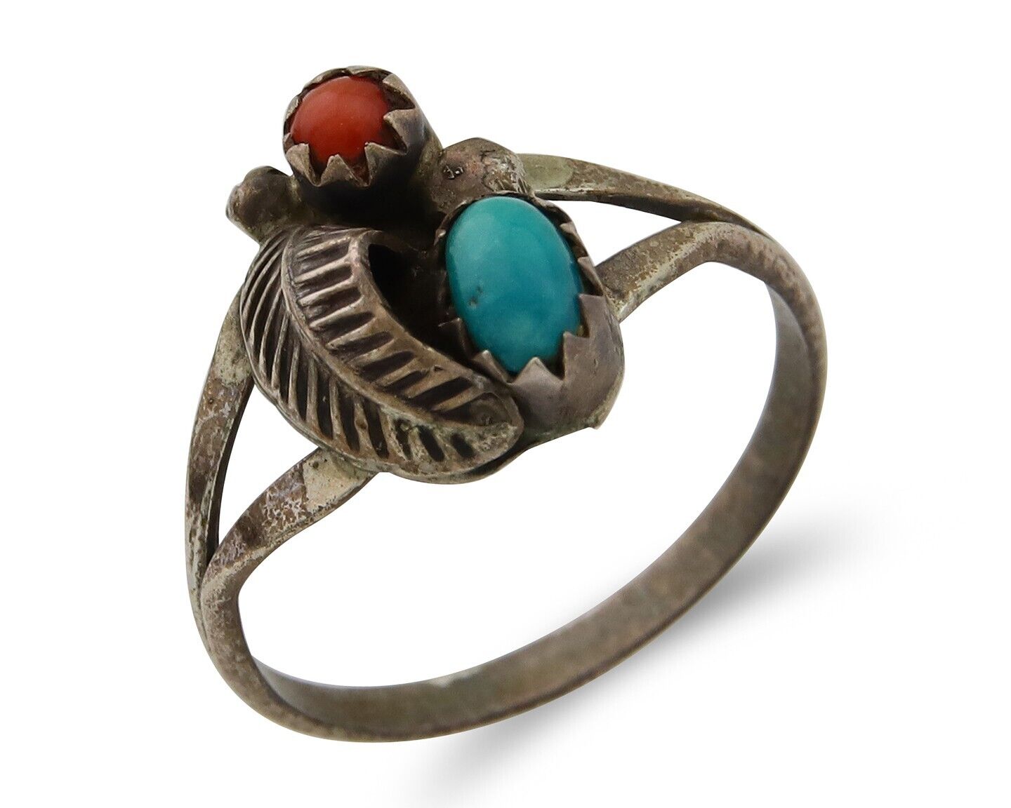Navajo Handmade Ring 925 Silver Turquoise & Coral Native Artist C.80's
