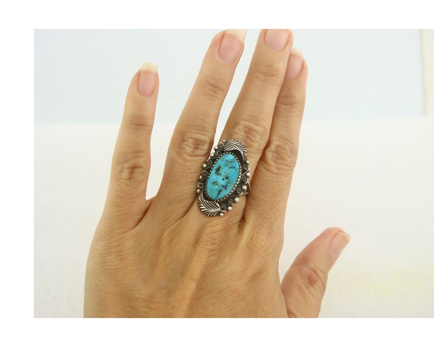 Navajo Ring 925 Sterling Blue Turquoise Artist Signed Billie Eagle C.80's