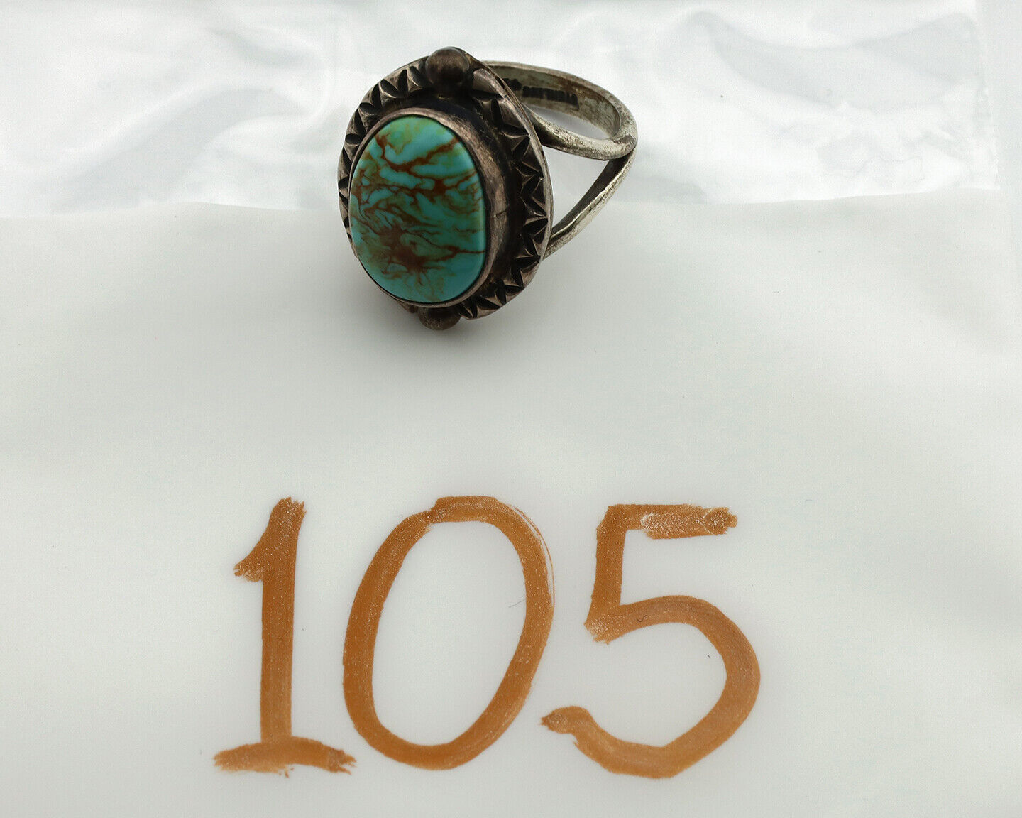 Navajo Ring .925 Silver Kingman Turquoise Artist Signed Gecko C.1980's