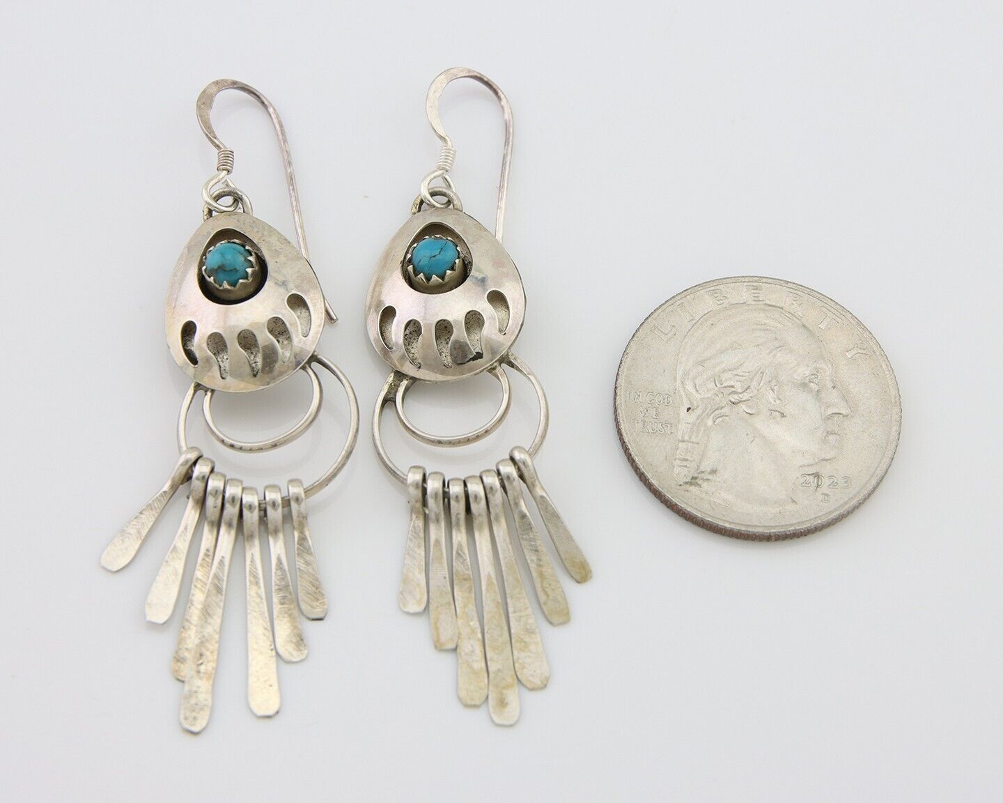 Navajo Dangle Earrings 925 Silver Natural Turquoise Artist Signed ES C.80's