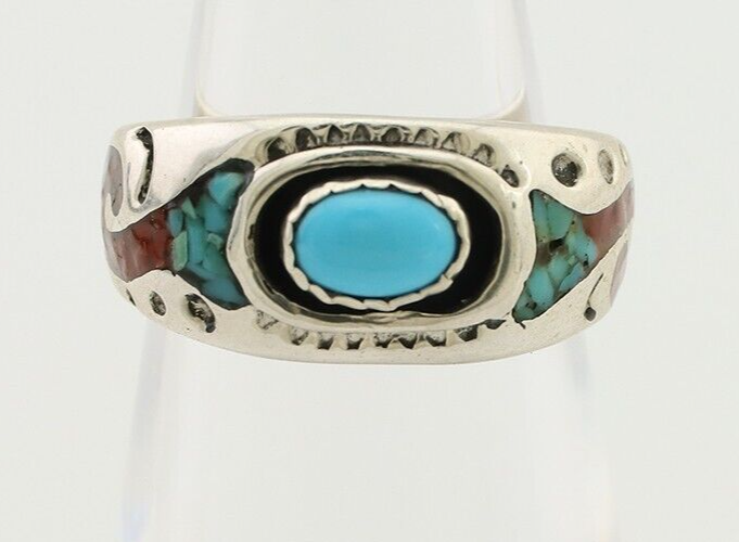 Navajo Ring 925 Silver Turquoise & Coral Natural American Artist C.80's