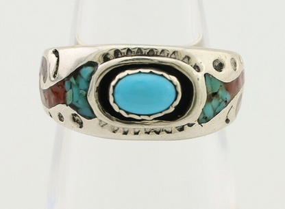 Navajo Ring 925 Silver Turquoise & Coral Natural American Artist C.80's