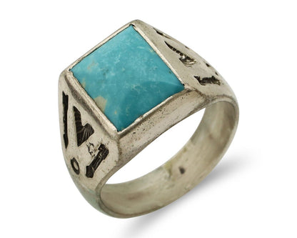 Navajo Ring 925 Silver Kingman Turquoise Signed Sun Bell Silver Company C.80's