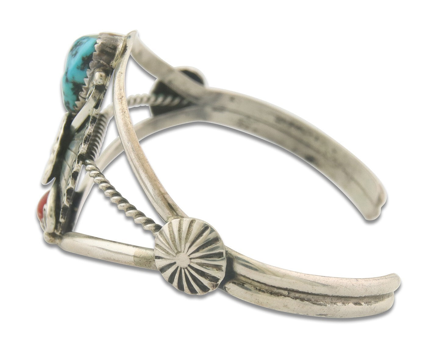 Navajo Bracelet 925 Silver Coral & Turquoise Cuff Signed AR Arrow C.80's