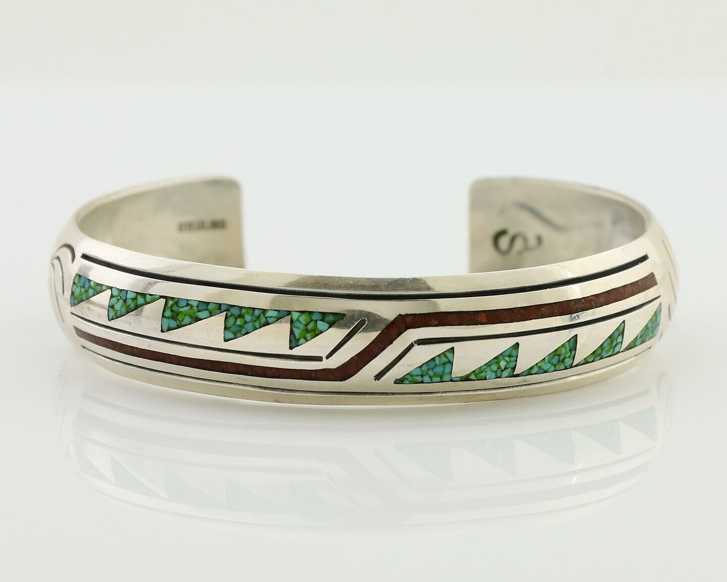 Navajo Inlay Bracelet 925 Silver Turquoise & Coral Signed Stanely Bain C.80's