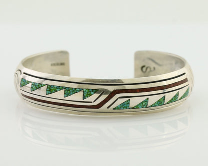 Navajo Inlay Bracelet 925 Silver Turquoise & Coral Signed Stanely Bain C.80's
