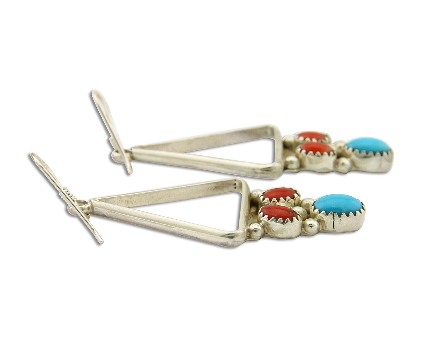 Navajo Earrings 925 Silver Turquoise & Coral Native American Artist C.80's