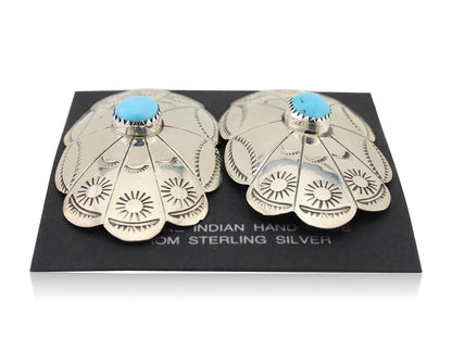 Navajo Hand Stamped Shield Earrings 925 Silver Turquoise Native Artist C.80's