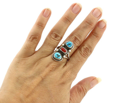 Navajo Ring 925 Silver Sleeping B Turquoise & Coral Native American Artist C.80s