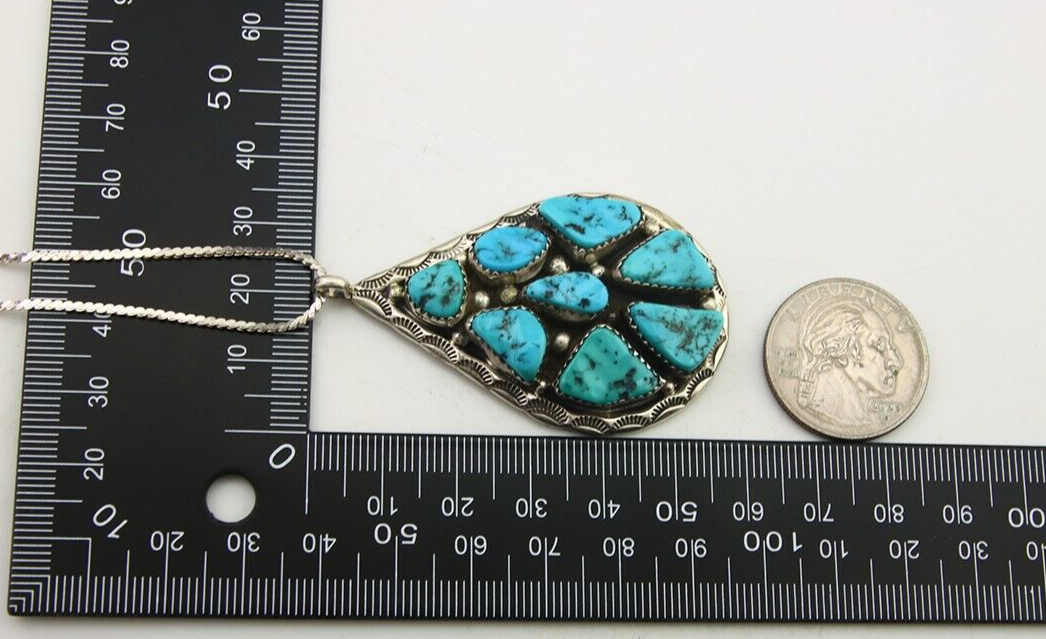 Navajo Necklace 925 Silver Natural Turquoise Artist Signed JW Tom C.80's