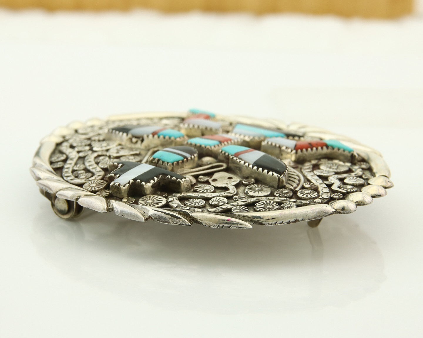 Zuni Belt Buckle 925 Sterling Silver Signed Gary & Paulinis Vacit c.80's