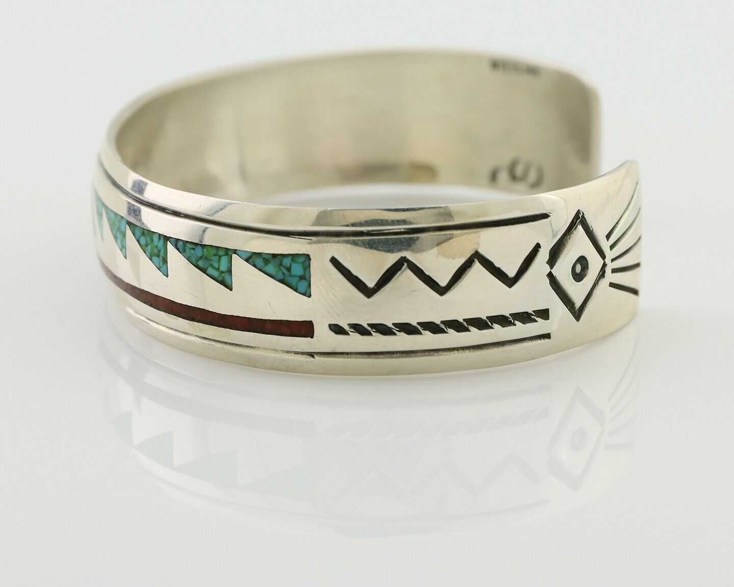 Navajo Inlay Bracelet 925 Silver Turquoise & Coral Signed Stanely Bain C.80's