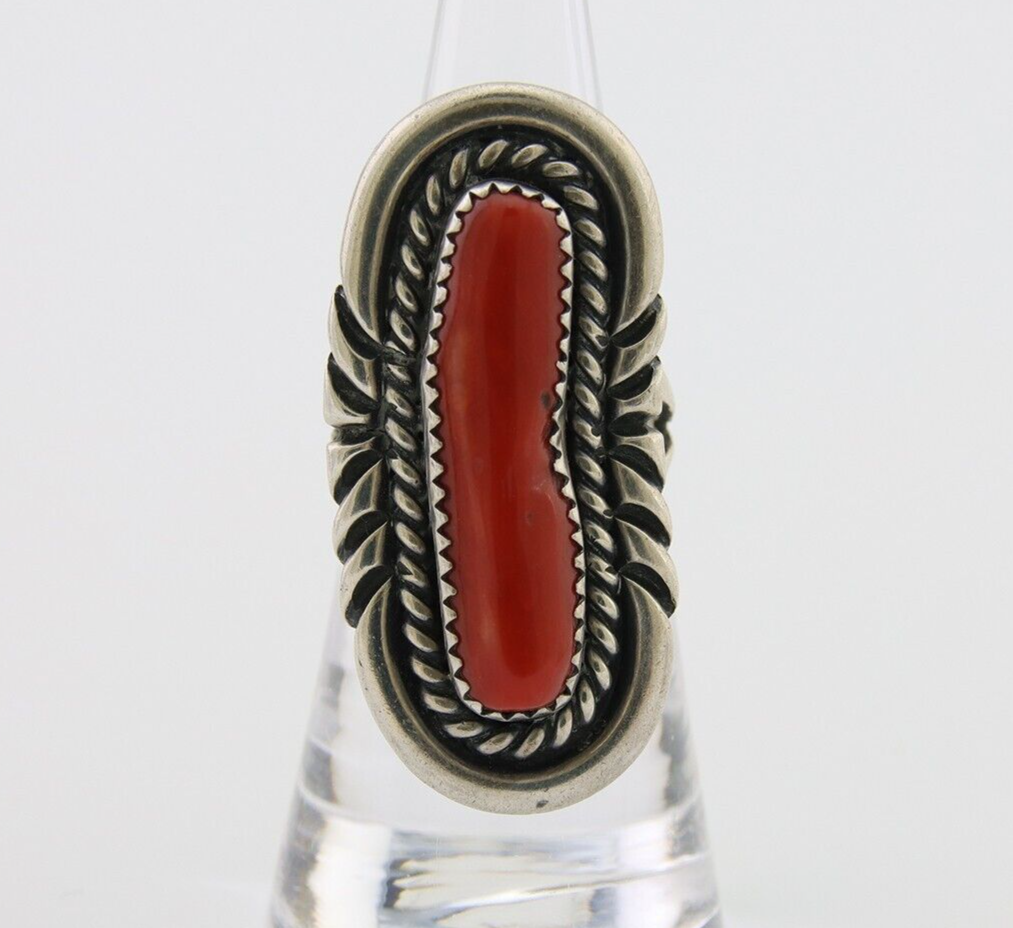 Navajo Ring 925 Silver Mediterranean Coral Native Artist Size 6.0