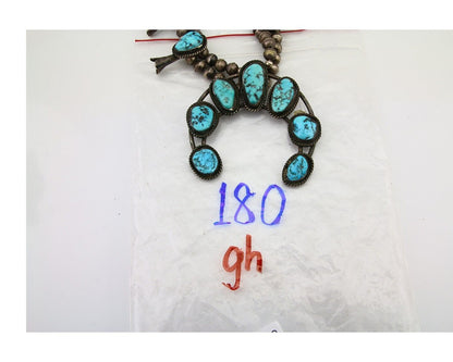 VTG Navajo Natural Blue Turquoise Squash Necklace 925 Silver Native Artist