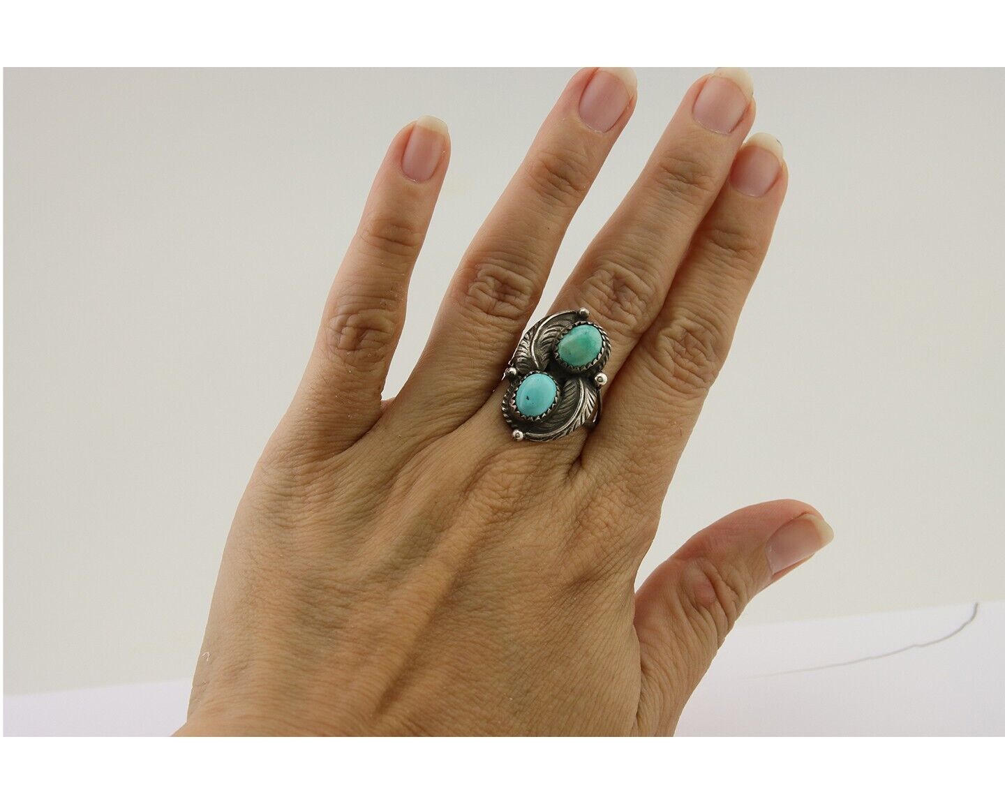 Navajo Ring 925 Silver Natural Blue Green Turquoise Signed MC C.80's