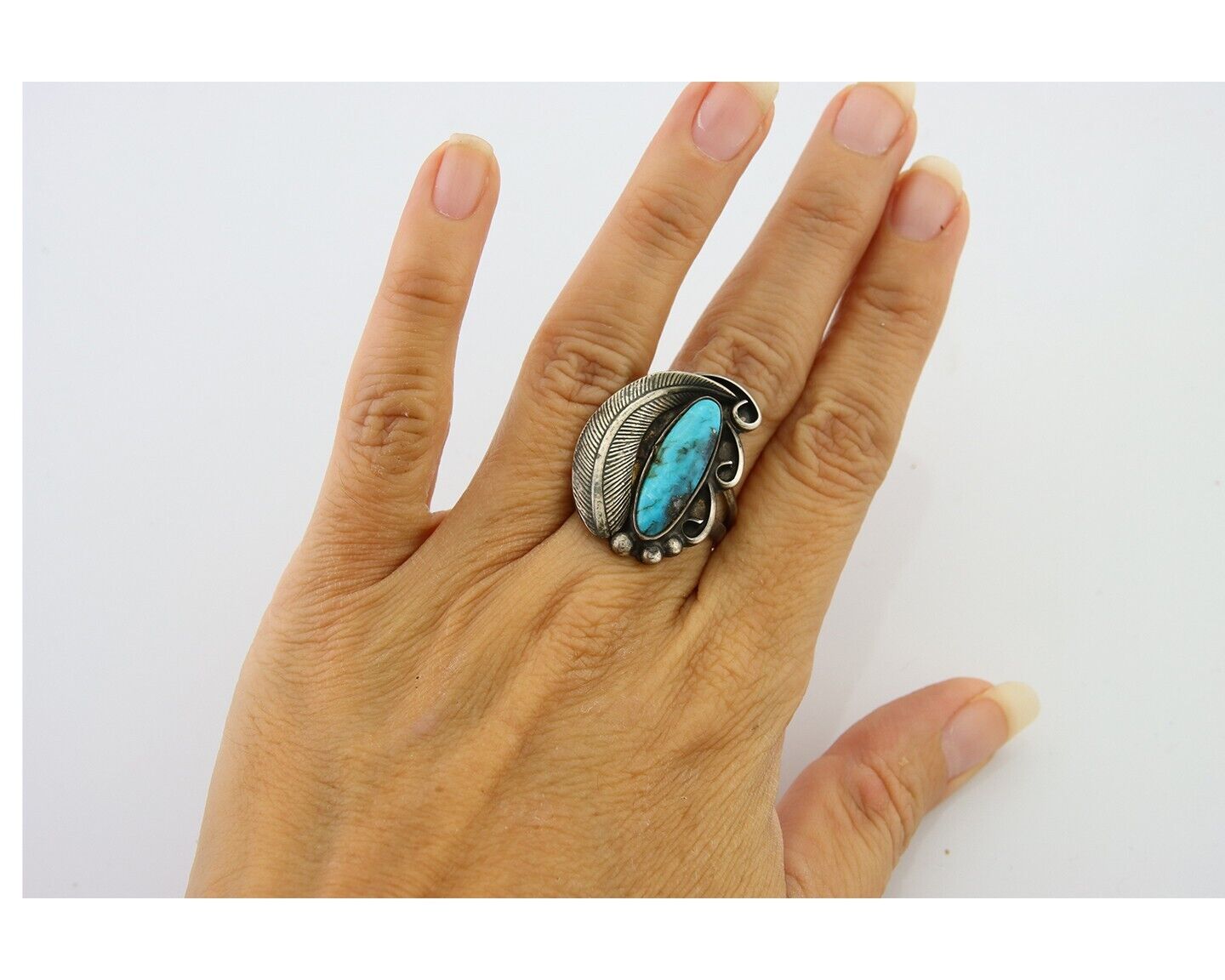 Navajo Ring 925 Sterling Blue Turquoise Native American Artist C.80's