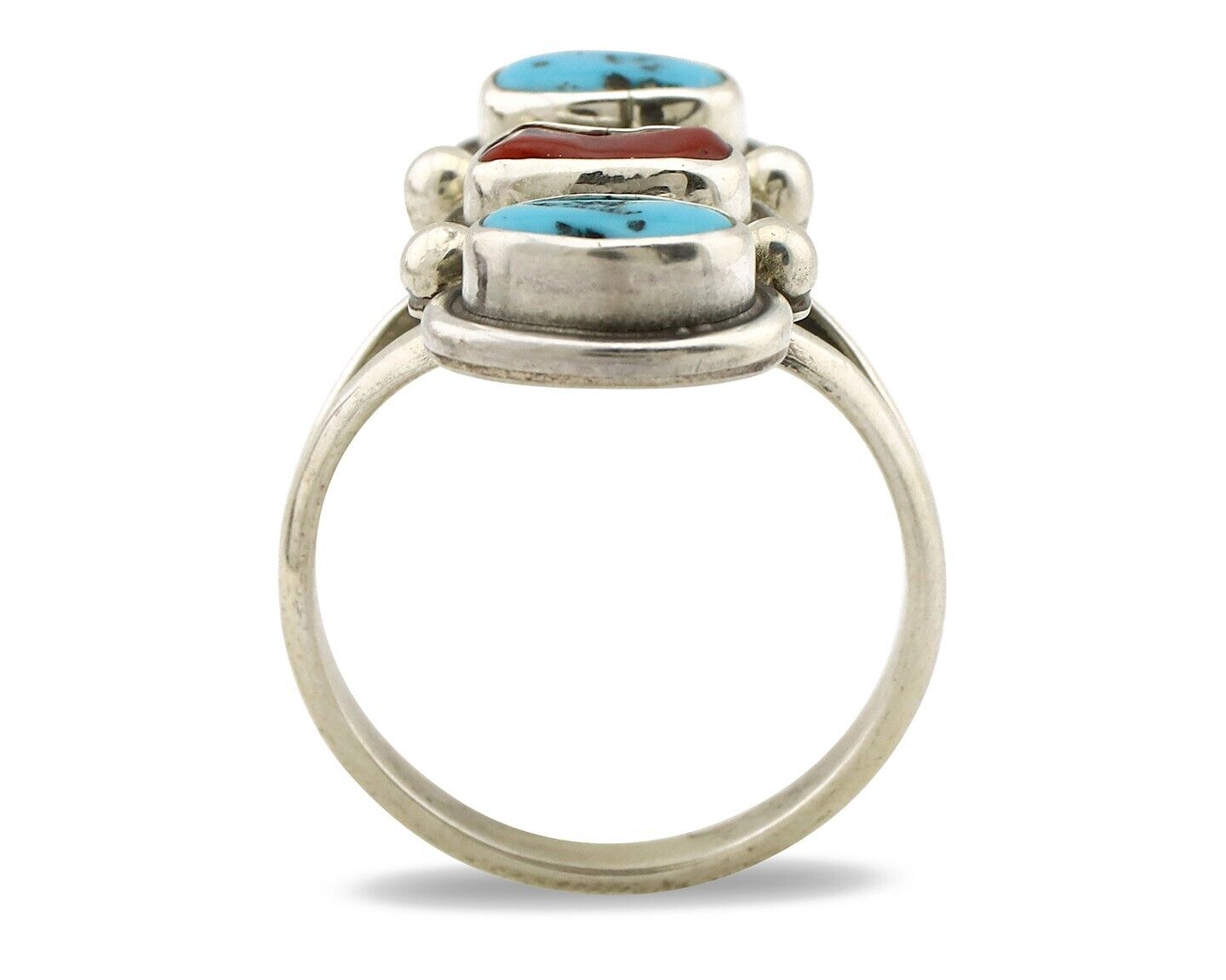 Navajo Ring 925 Silver Sleeping B Turquoise & Coral Native American Artist C.80s