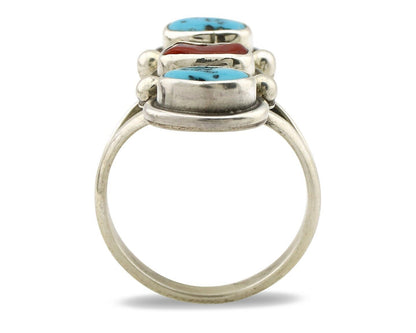 Navajo Ring 925 Silver Sleeping B Turquoise & Coral Native American Artist C.80s