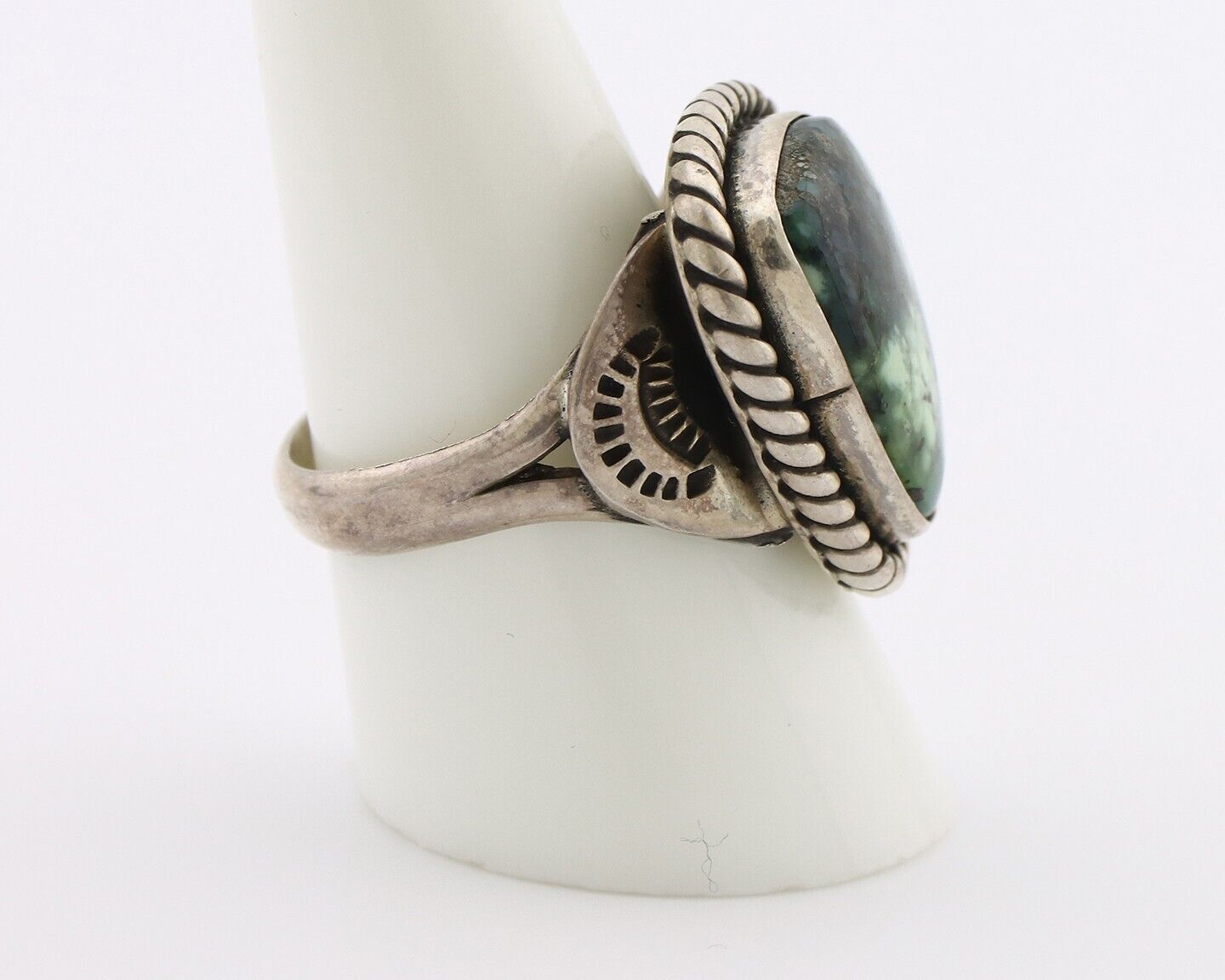 Navajo Ring 925 Silver Green Spiderweb Turquoise Artist Signed Rising Sun C.80's