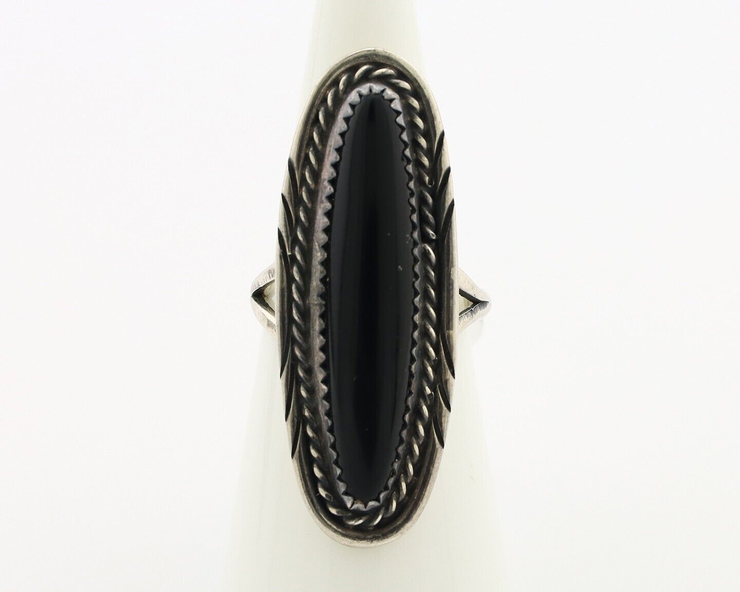Navajo Ring 925 Silver Onyx Hand Stamped Native American Artist C.80's