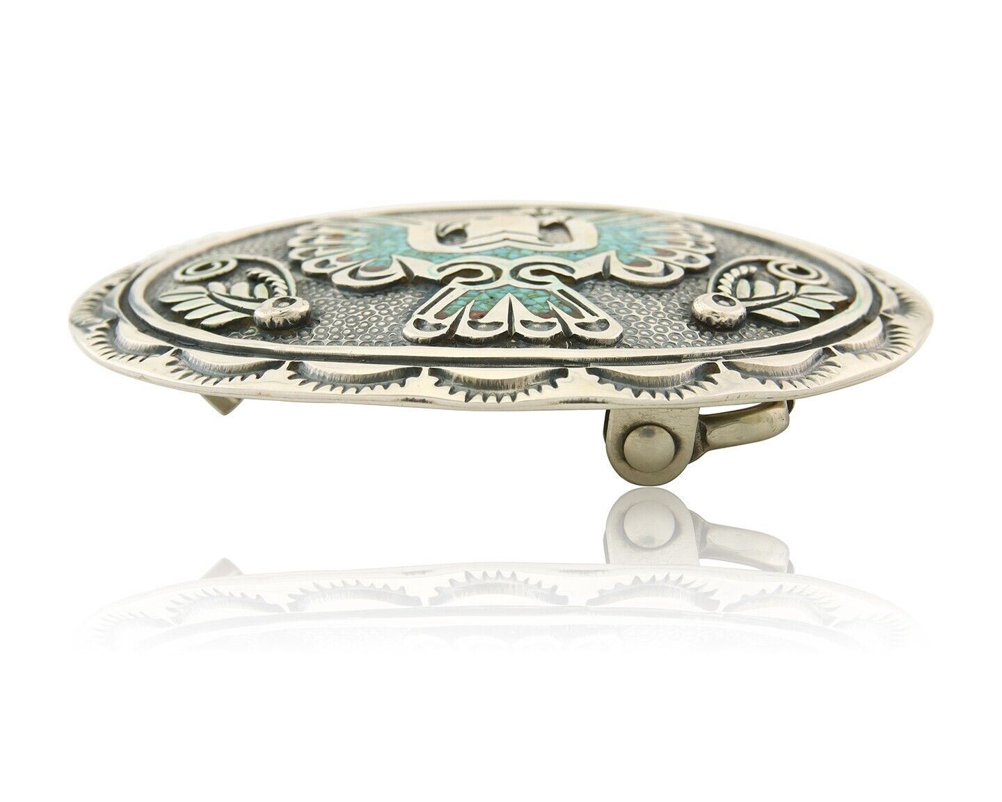 Navajo Belt Buckle 925 Sterling Silver Turquoise Coral Signed Stanley Bains C80s