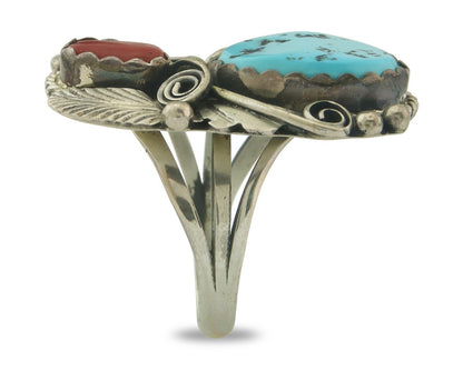 Navajo Ring 925 Sterling Natural Coral & Turquoise Signed JM C.80's Size 9.0