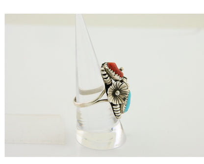 Navajo Handmade Ring 925 Silver Coral & Turquoise Signed Circle Max C.80's