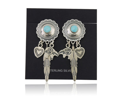 Navajo Concho Dangle Bear Feather Heart Earrings 925 Silver Natural Turquoise