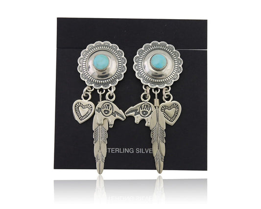 Navajo Concho Dangle Bear Feather Heart Earrings 925 Silver Natural Turquoise