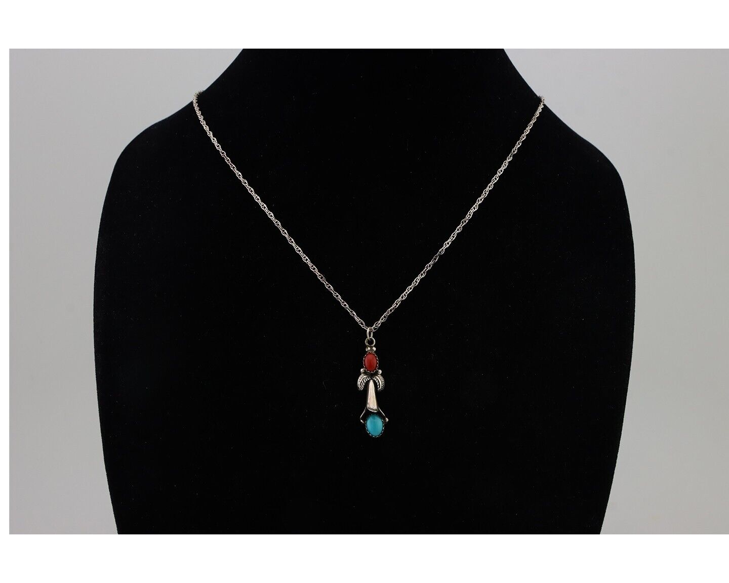 Navajo Necklace 925 Silver Turquoise & Coral Native American Artist C.90's