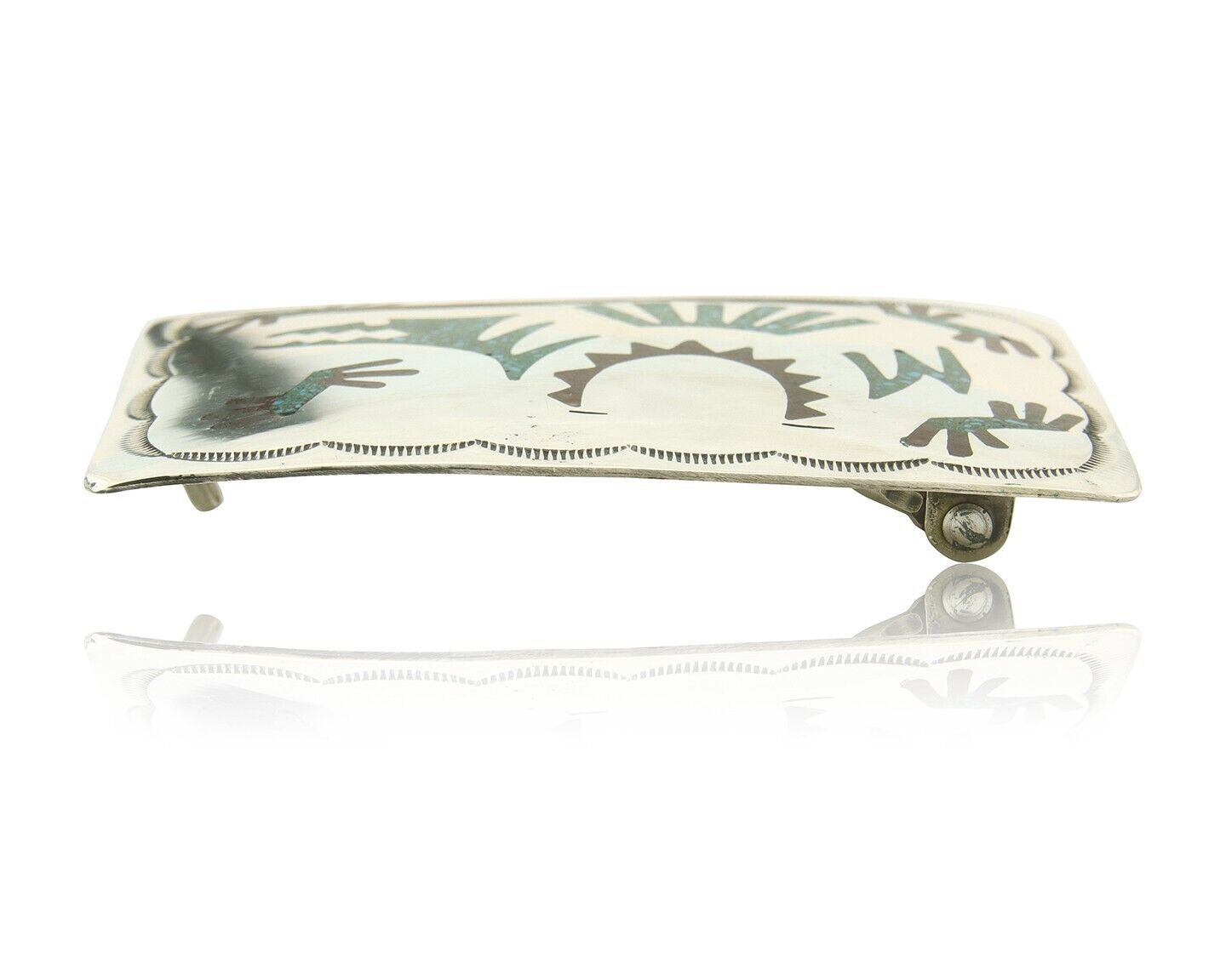 Vintage Navajo Belt Buckle 925 Silver Handmade Inlaid Gemstone Signed HB