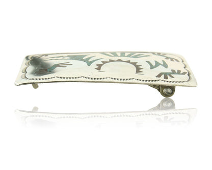 Vintage Navajo Belt Buckle 925 Silver Handmade Inlaid Gemstone Signed HB