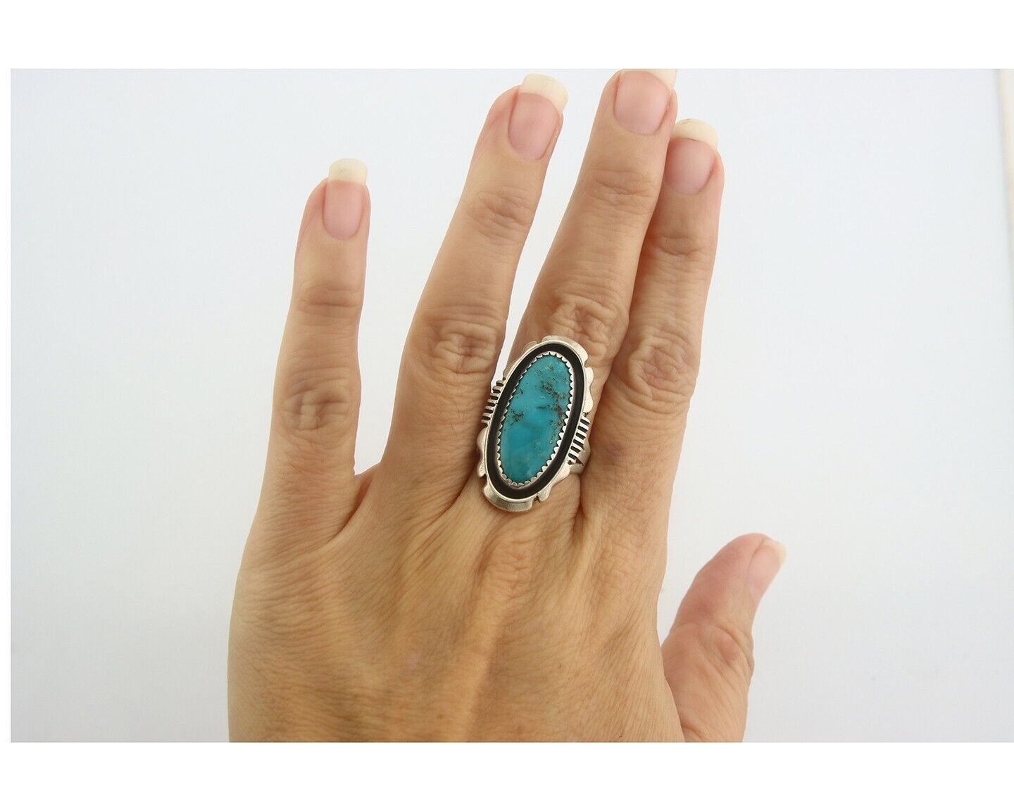 Navajo Ring 925 Sterling Turquoise Handmade Native Artist C.80's Size 6.5
