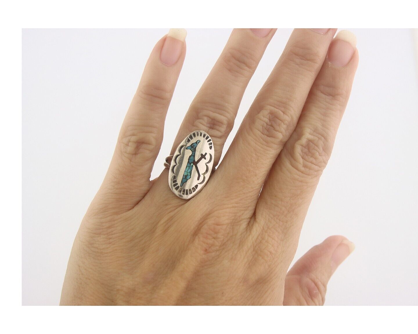 Navajo Ring 925 Sterling Natural Chip Inlay Coral & Turquoise C.80's Size 4.5