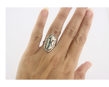 Navajo Ring 925 Sterling Natural Chip Inlay Coral & Turquoise C.80's Size 4.5