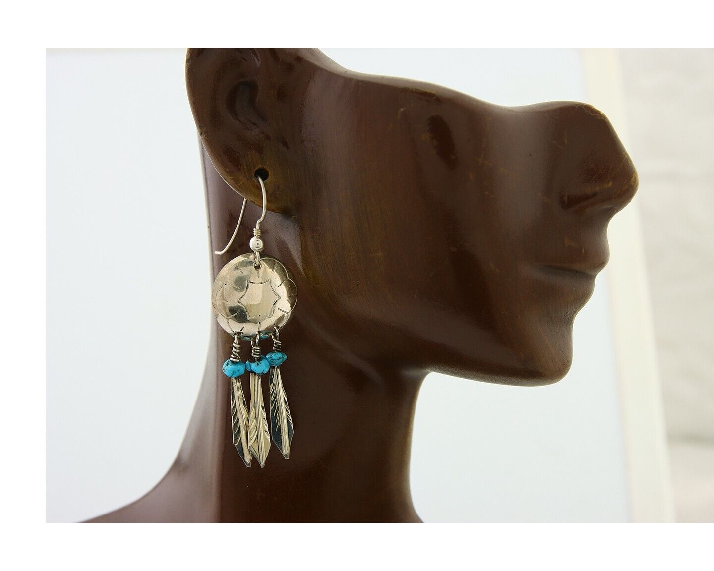 Navajo Earrings 925 Silver Dream Catcher Natural Turquoise Native Artist C.80's