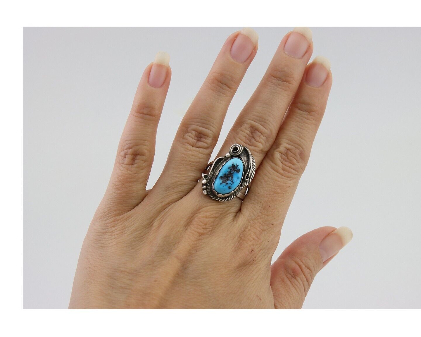 Navajo Ring 925 Silver Sleeping Beauty Turquoise Signed Justin Morris C.80's
