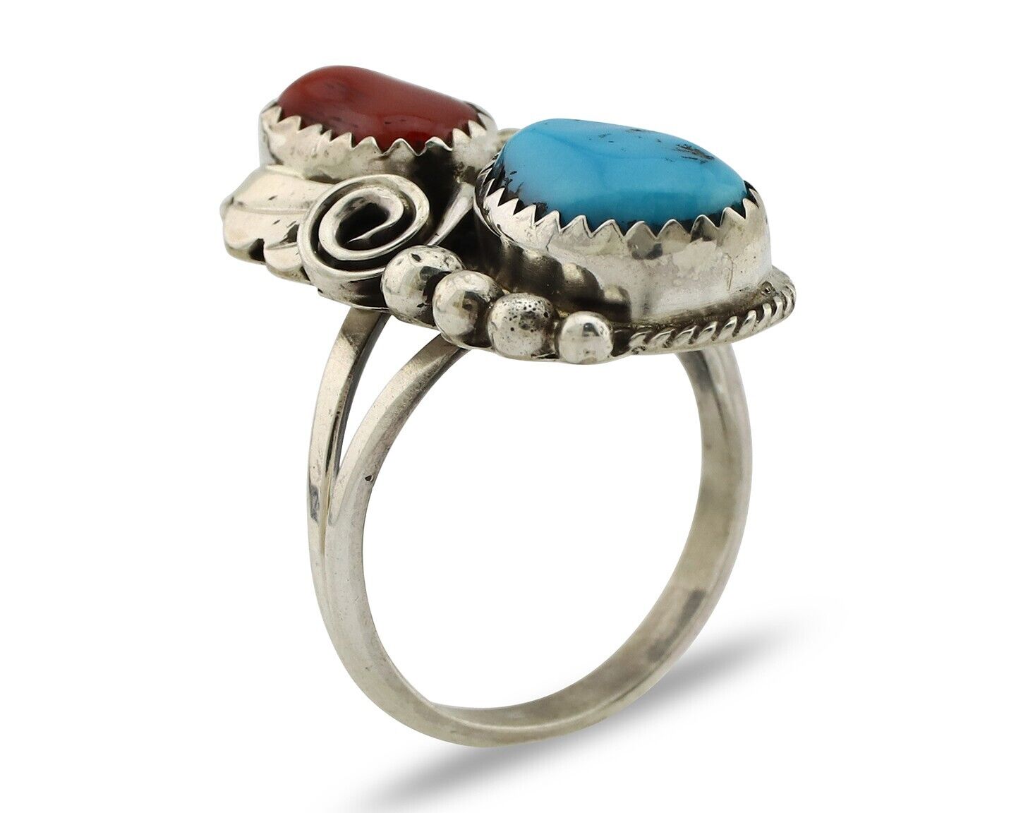 Navajo Ring .925 Silver Turquoise & Coral Artist Signed Justin Morris C.80's