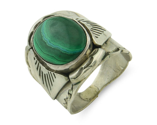 Vintage Navajo Ring 925 Sterling Silver Malachite Signed Juan Guerro Size 10.5