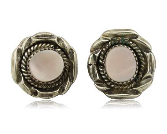 Navajo Handmade Earrings 925 Silver Pink Mussel Native American Artist C.80's