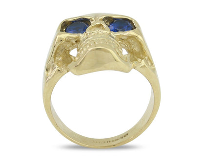 Men 14k SOLID Gold Skull Ring Silica Blue Sapphire Eyes Size 11
