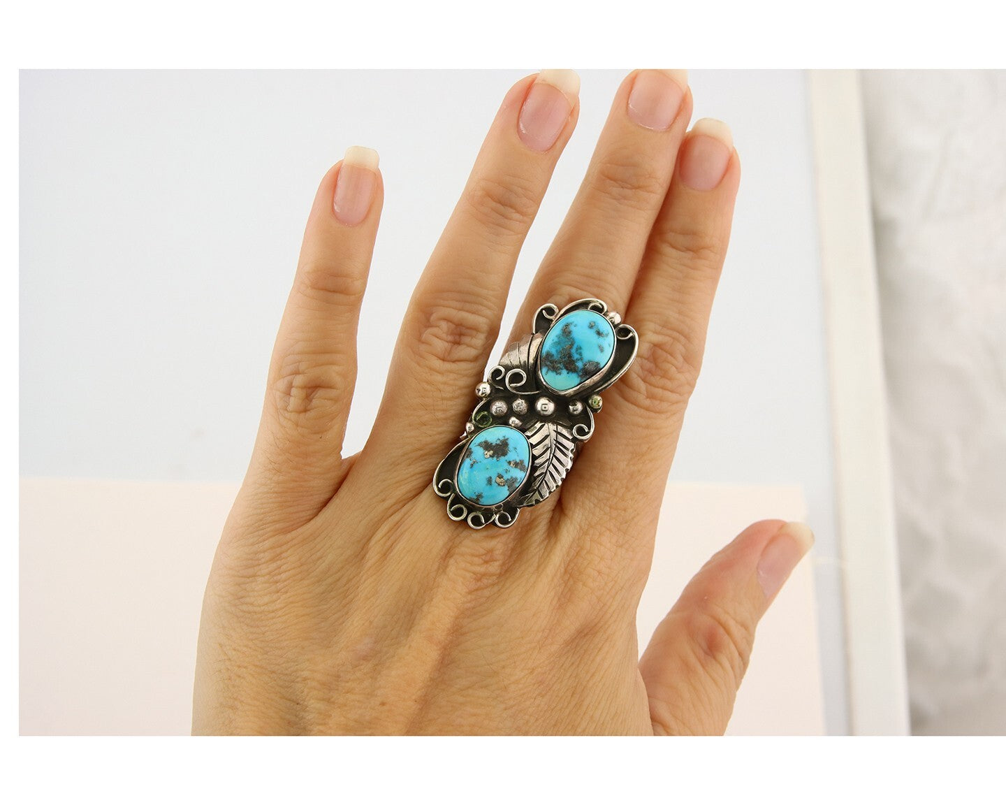 Navajo Ring 925 Sterling Turquoise Signed Eddie C.80's Size 8.5