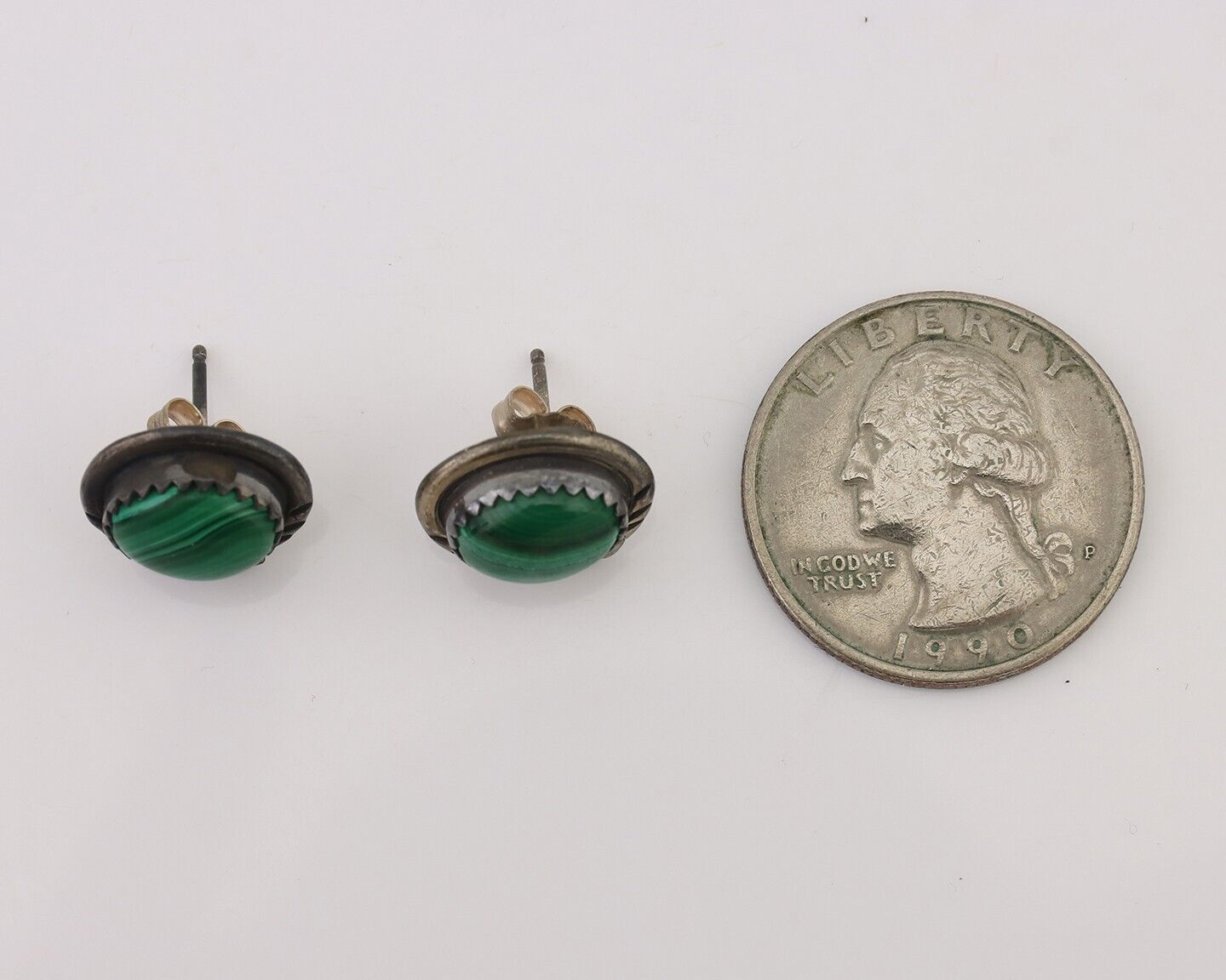 Navajo Earrings 925 Silver Natural Malachite Native American Artist C.80's